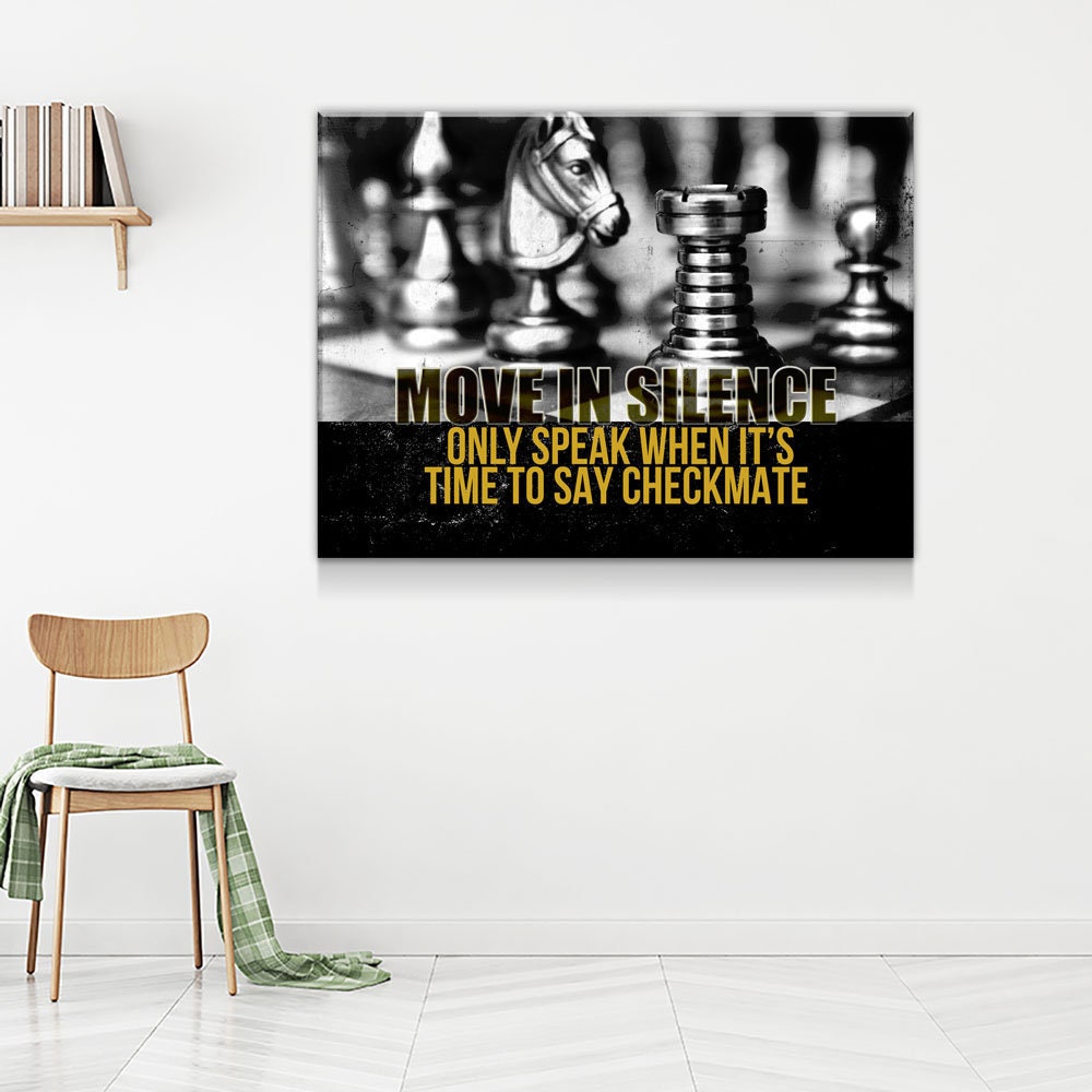 Move In Silence Canvas Wall Art, Checkmate, Motivational Wall Decor, Chess Quote