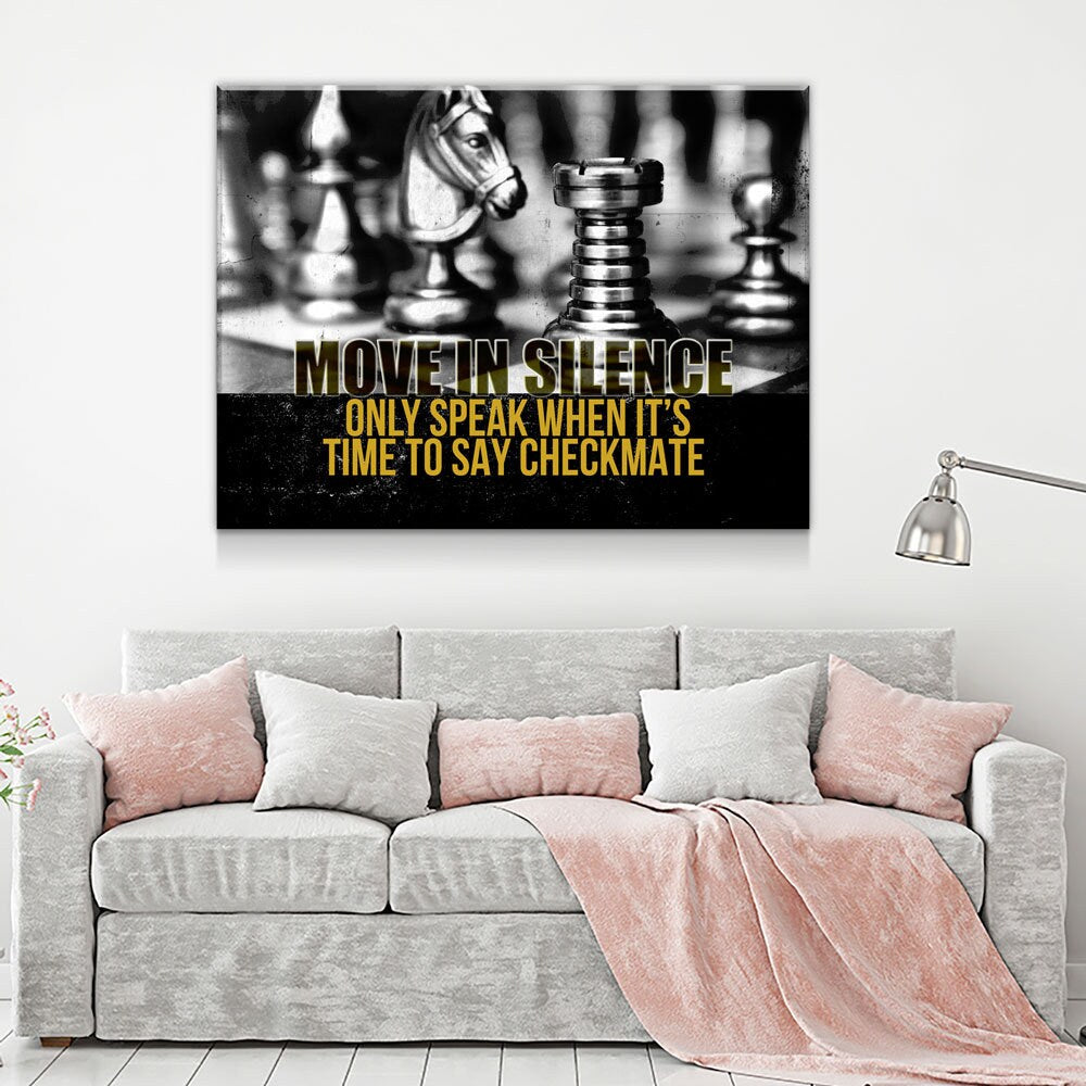 Move In Silence Canvas Wall Art, Checkmate, Motivational Wall Decor, Chess Quote