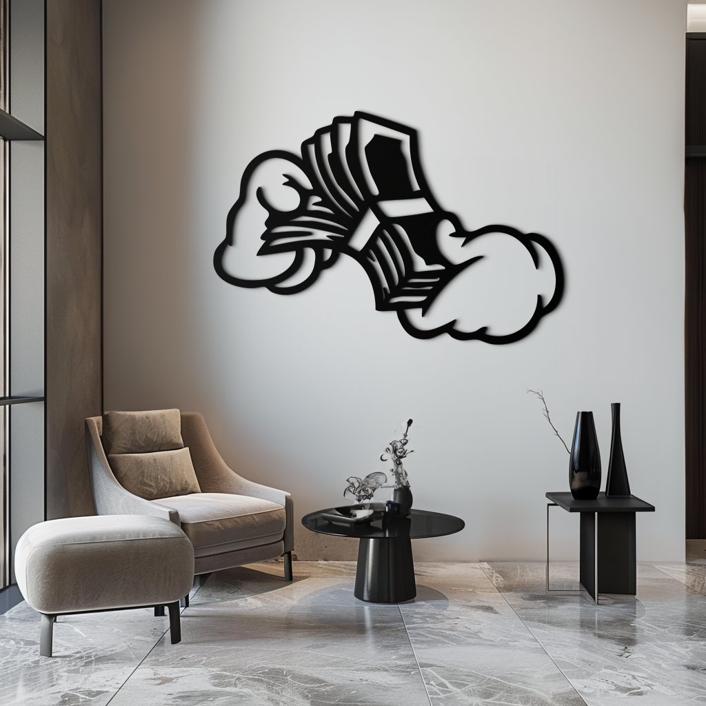 Fist Holding Money Stack Metal Wall Art – Bold Dollar Bill Hand Silhouette for Modern Spaces- KAF579