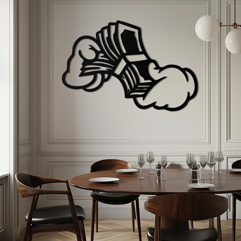 Fist Holding Money Stack Metal Wall Art – Bold Dollar Bill Hand Silhouette for Modern Spaces- KAF579