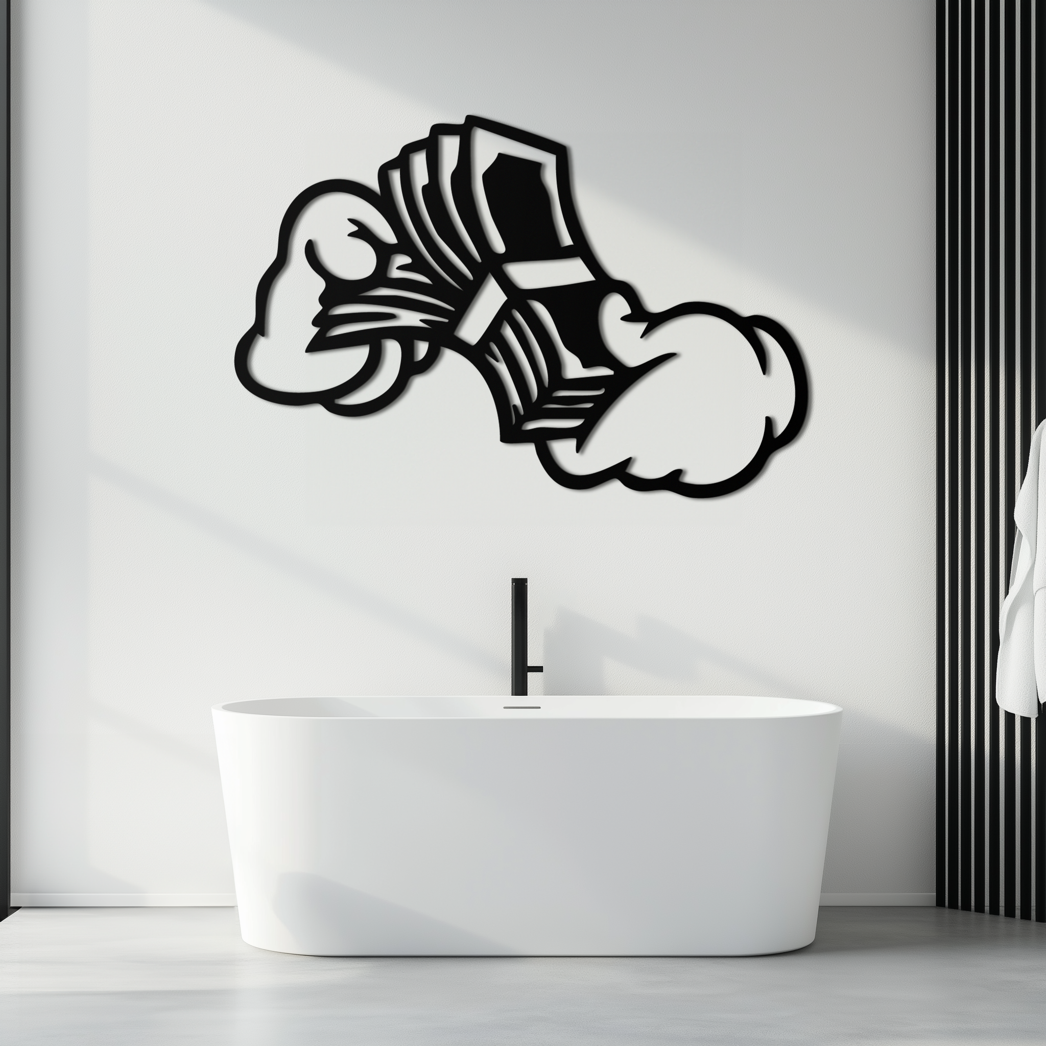 Fist Holding Money Stack Metal Wall Art – Bold Dollar Bill Hand Silhouette for Modern Spaces- KAF579