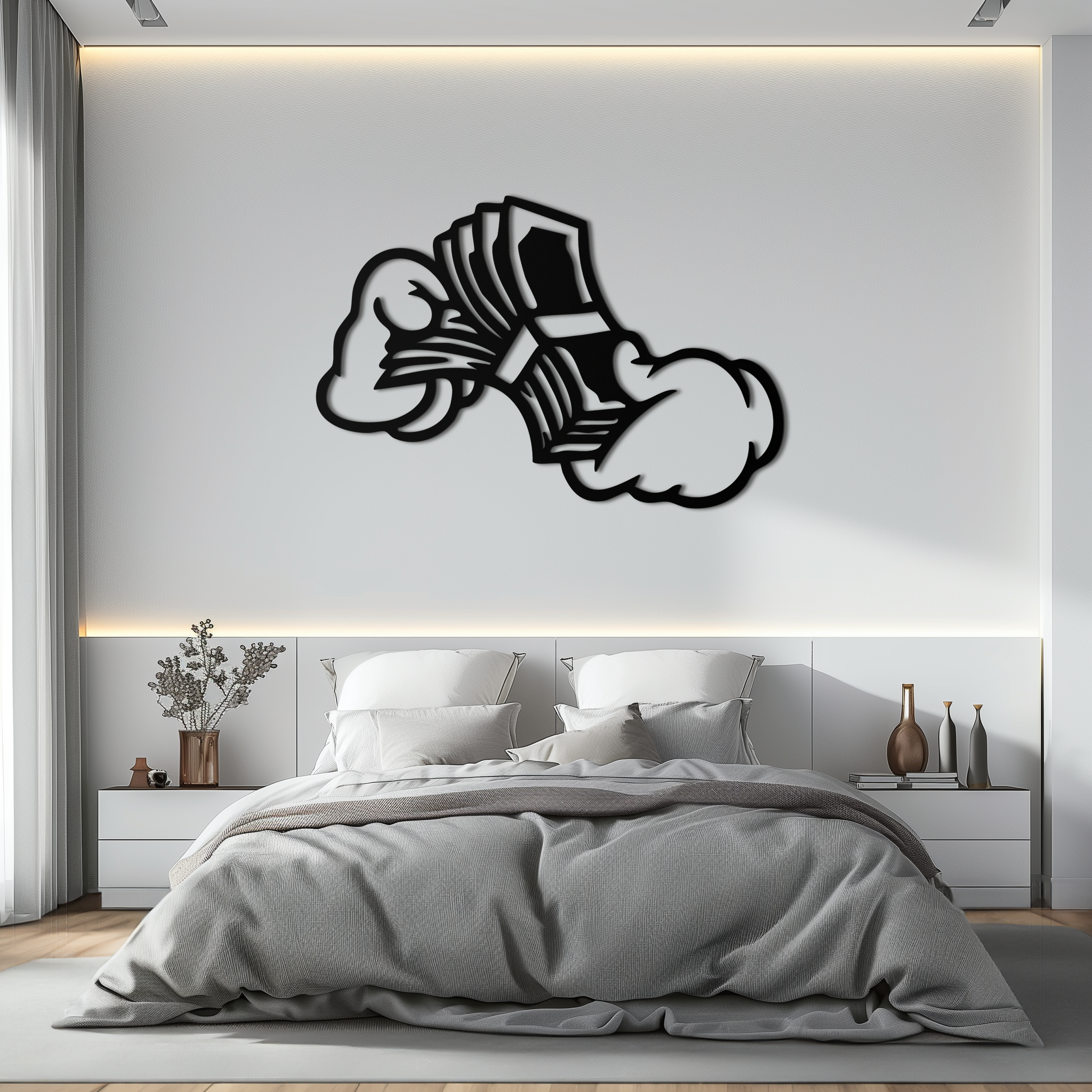 Fist Holding Money Stack Metal Wall Art – Bold Dollar Bill Hand Silhouette for Modern Spaces- KAF579