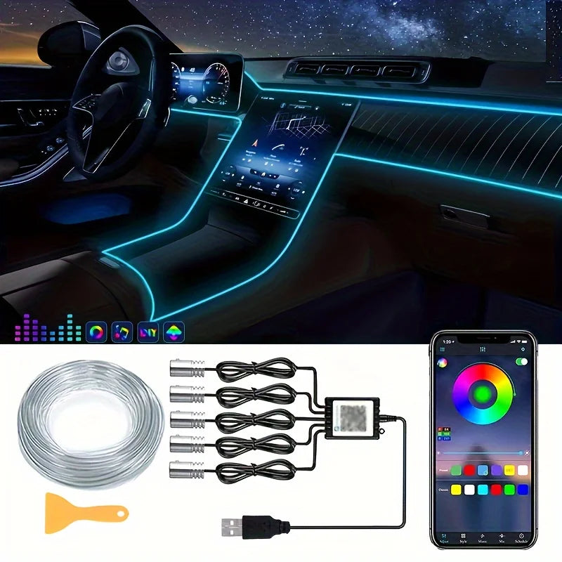 Flexible EL Wire Lights With App Control Ambient Atmosphere Strip Light Decorative Lamps 12V Car Interior Neon RGB Led Strip